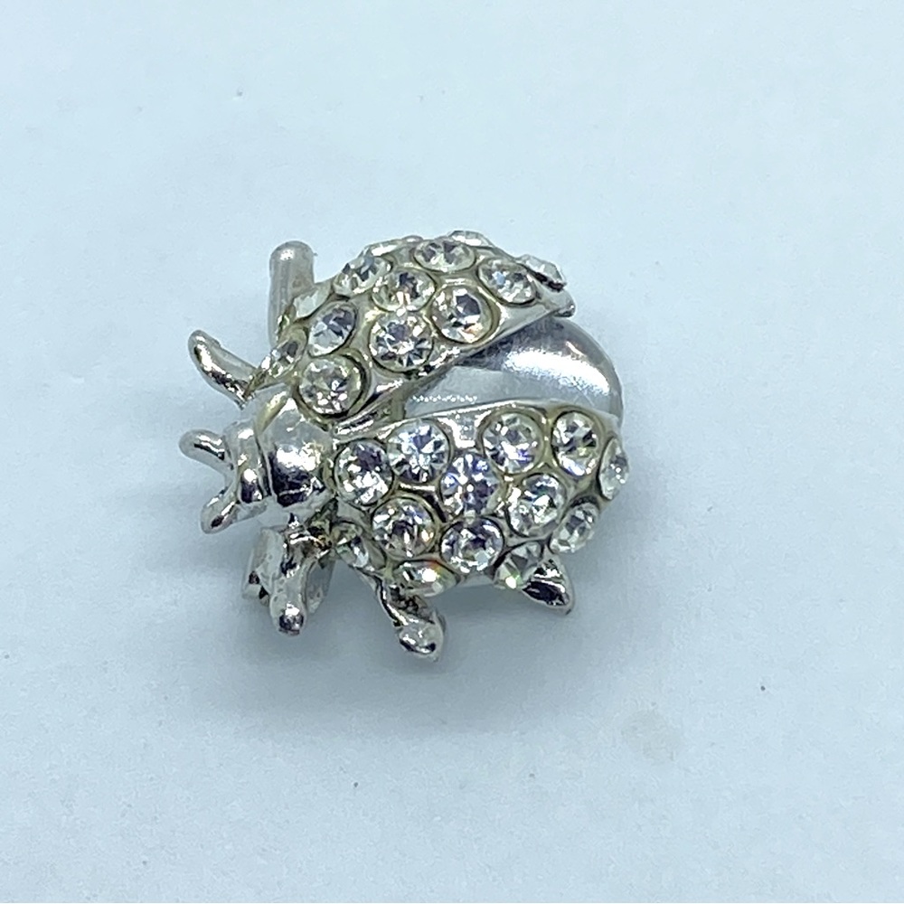 Vintage 80’s Demario Silver Tone Rhinestone and Clear Cabachon Lady Bug Pin